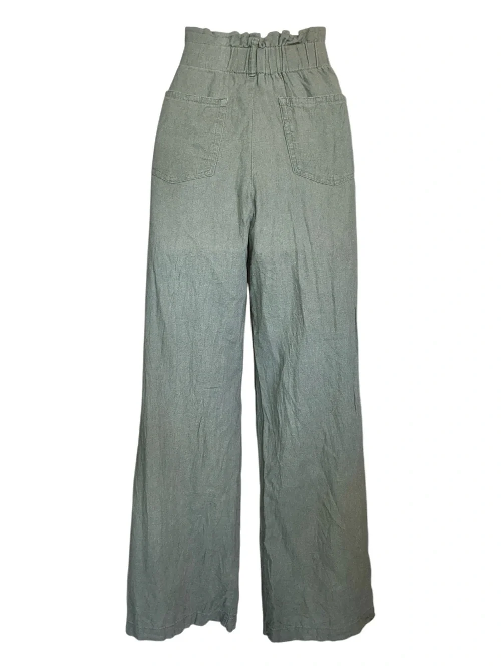 Rewind wide leg Pants, women's L, olive Linen-Blend elastic paperbag waist. EUC